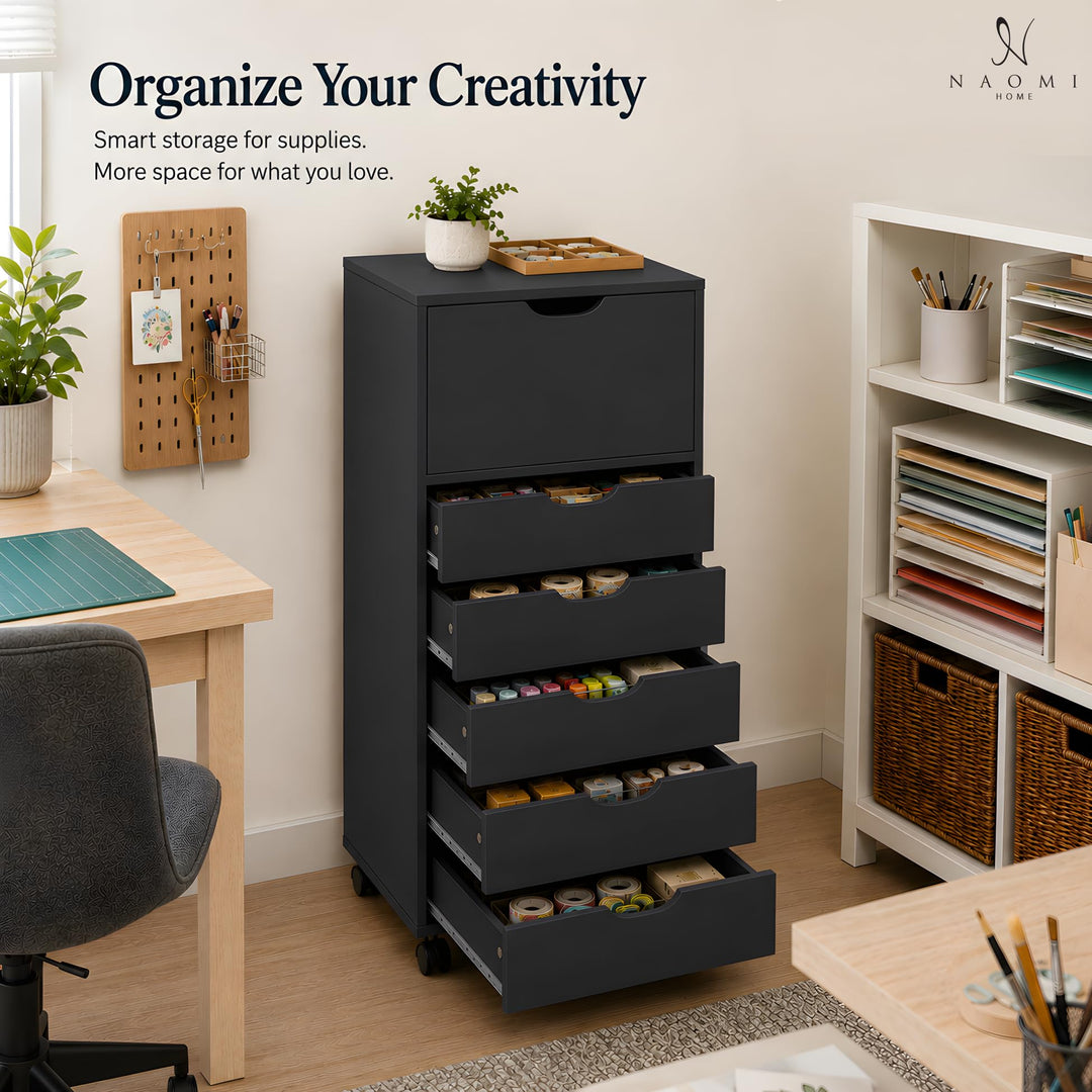 Carly 6-Drawer Storage Cabinet with Wheels - Black