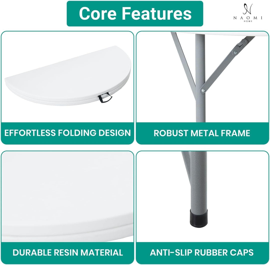 5 Ft Bi-Fold Round Resin Folding Table with Steel Frame - Set of 2