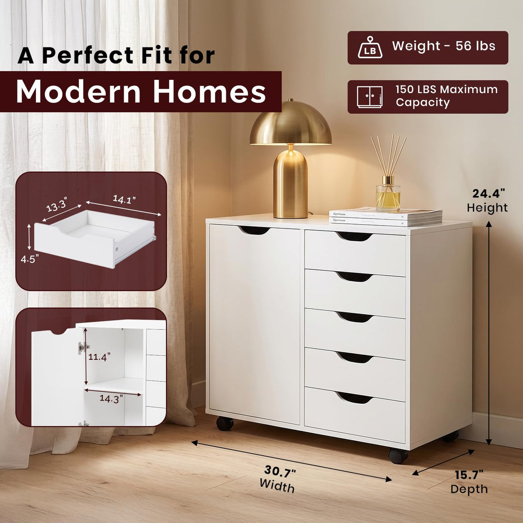 Amy 5-Drawer Storage Cabinet with 2 Shelves & Wheels - White