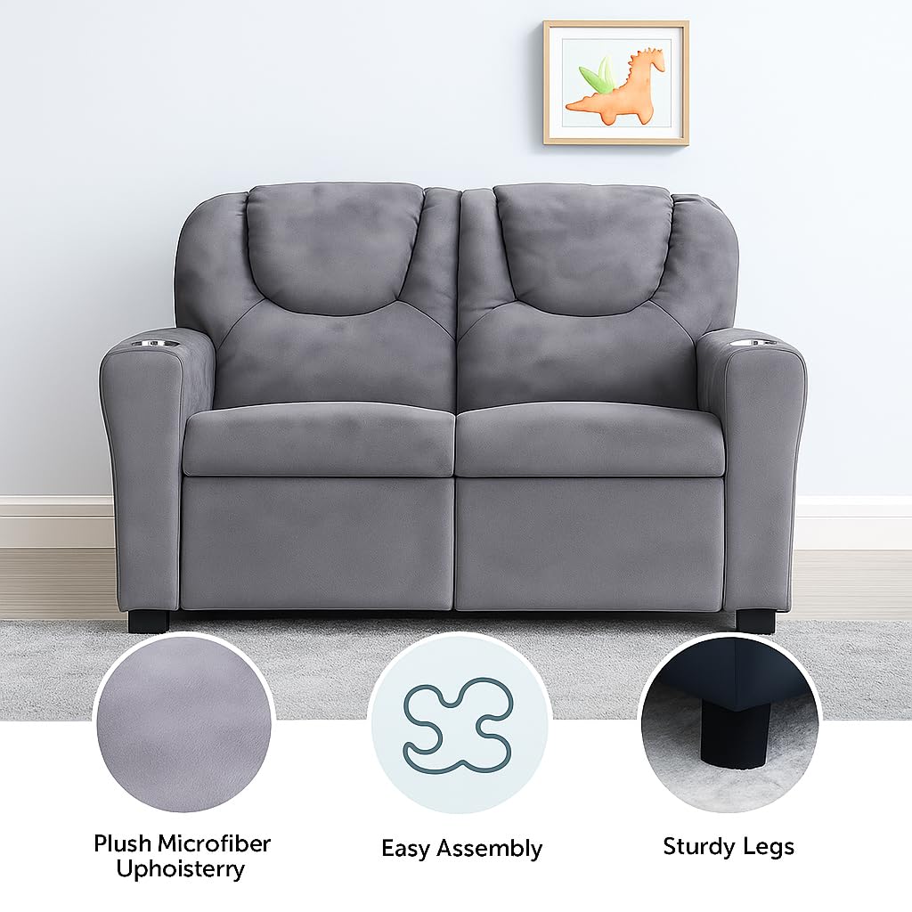 Suri Kids Recliner Loveseat with Dual Cup Holders - Gray / Microfiber