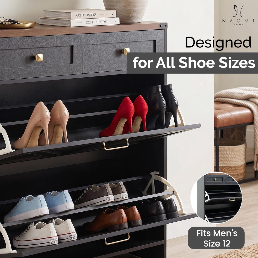 Berenice Farmhouse Shoe Cabinet with 2 Flip Drawers - Black