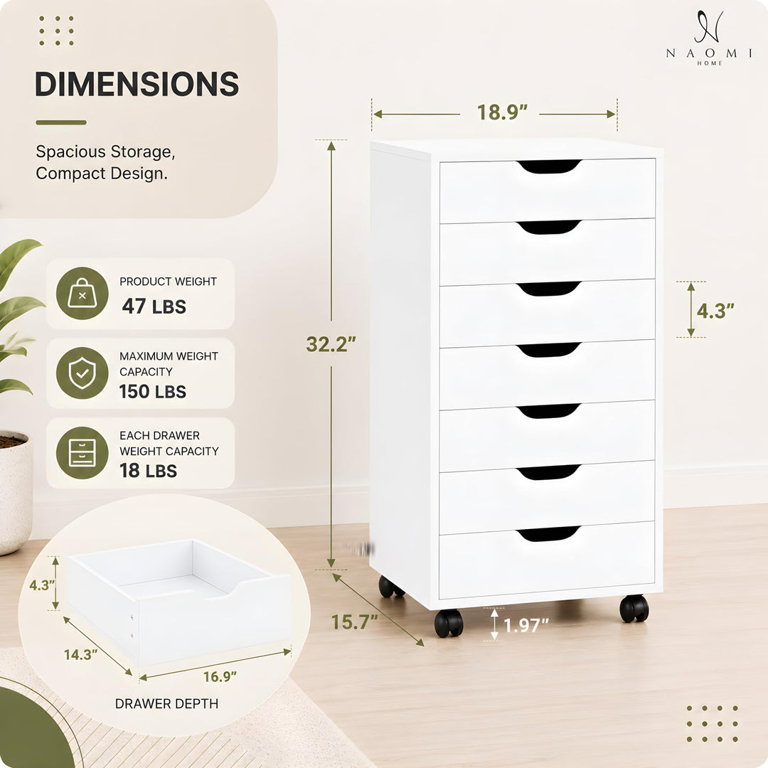 Debbie 7-Drawer Storage Cabinet with Wheels & Tabletop - White