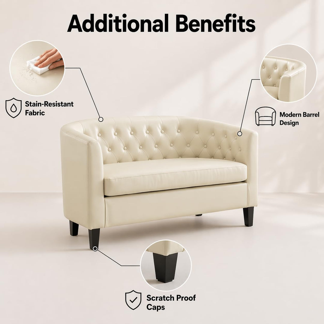 Emma Tufted Barrel Loveseat with Faux Leather Upholstery - Cream