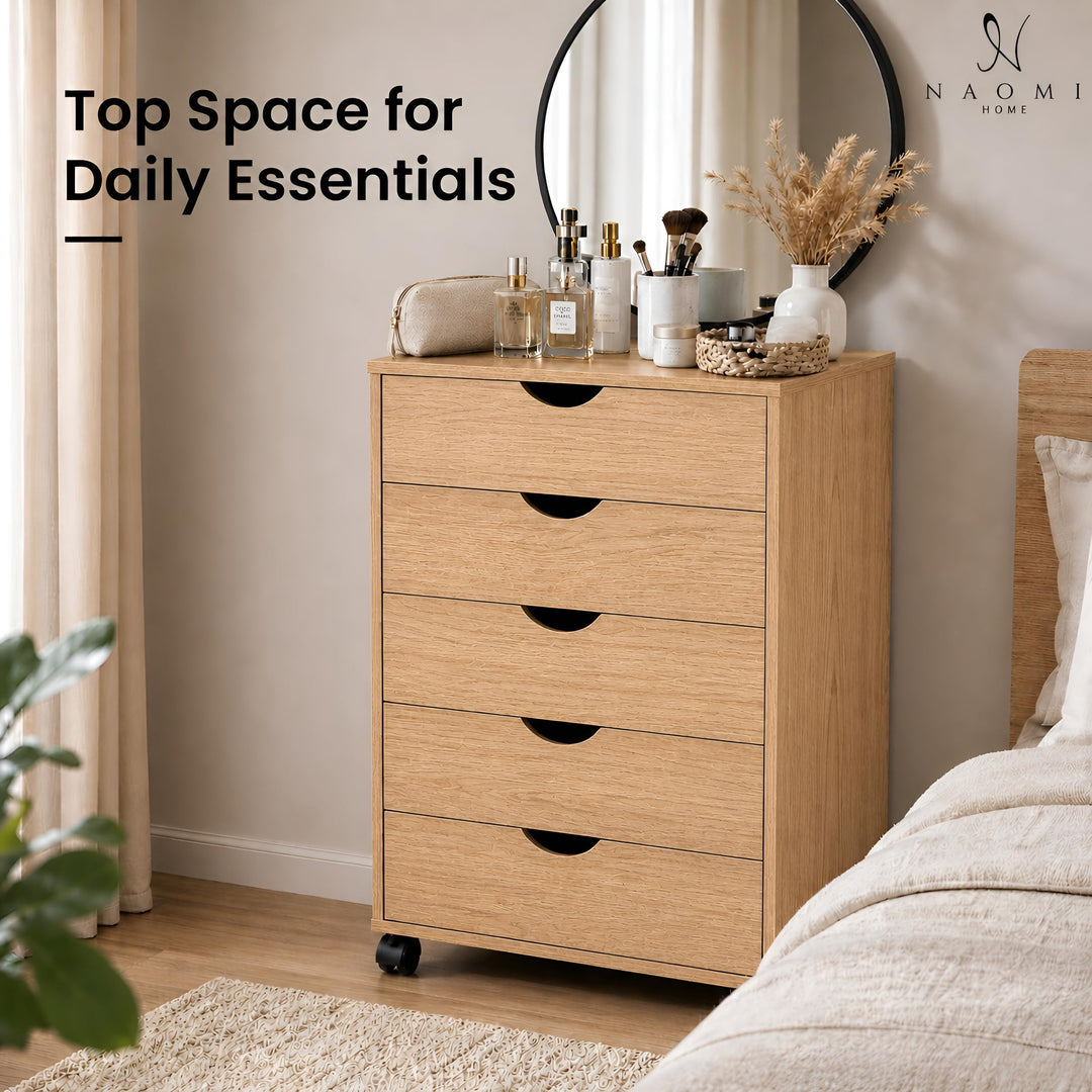 Taylor 5-Drawer Storage Cabinet with Wheels & Tabletop - Natural
