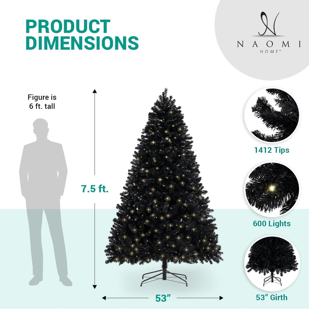 Dakota Black Pre-Lit Christmas Tree with Warm Lights - 7.5 ft