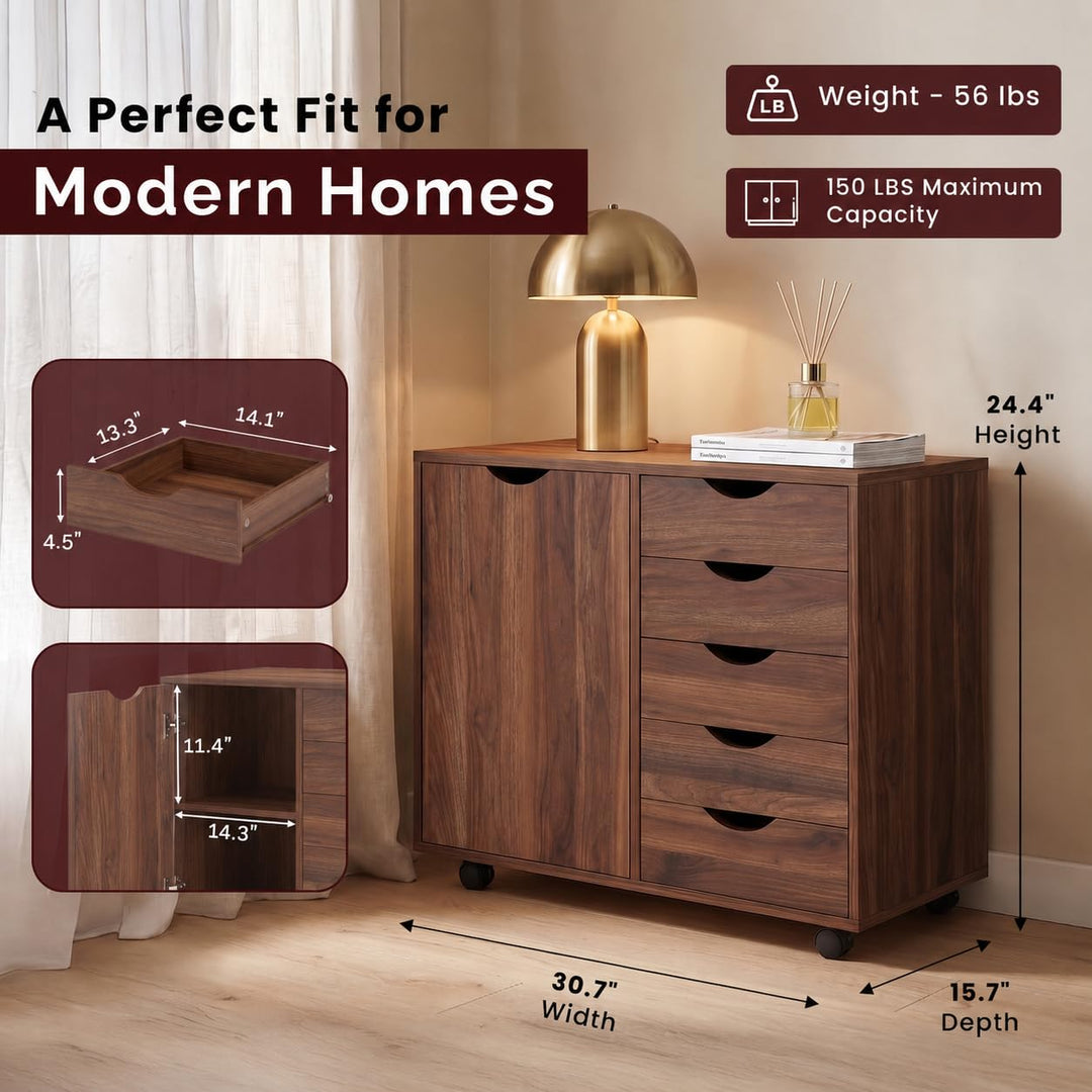 Amy 5-Drawer Storage Cabinet with 2 Shelves & Wheels - Brown Oak