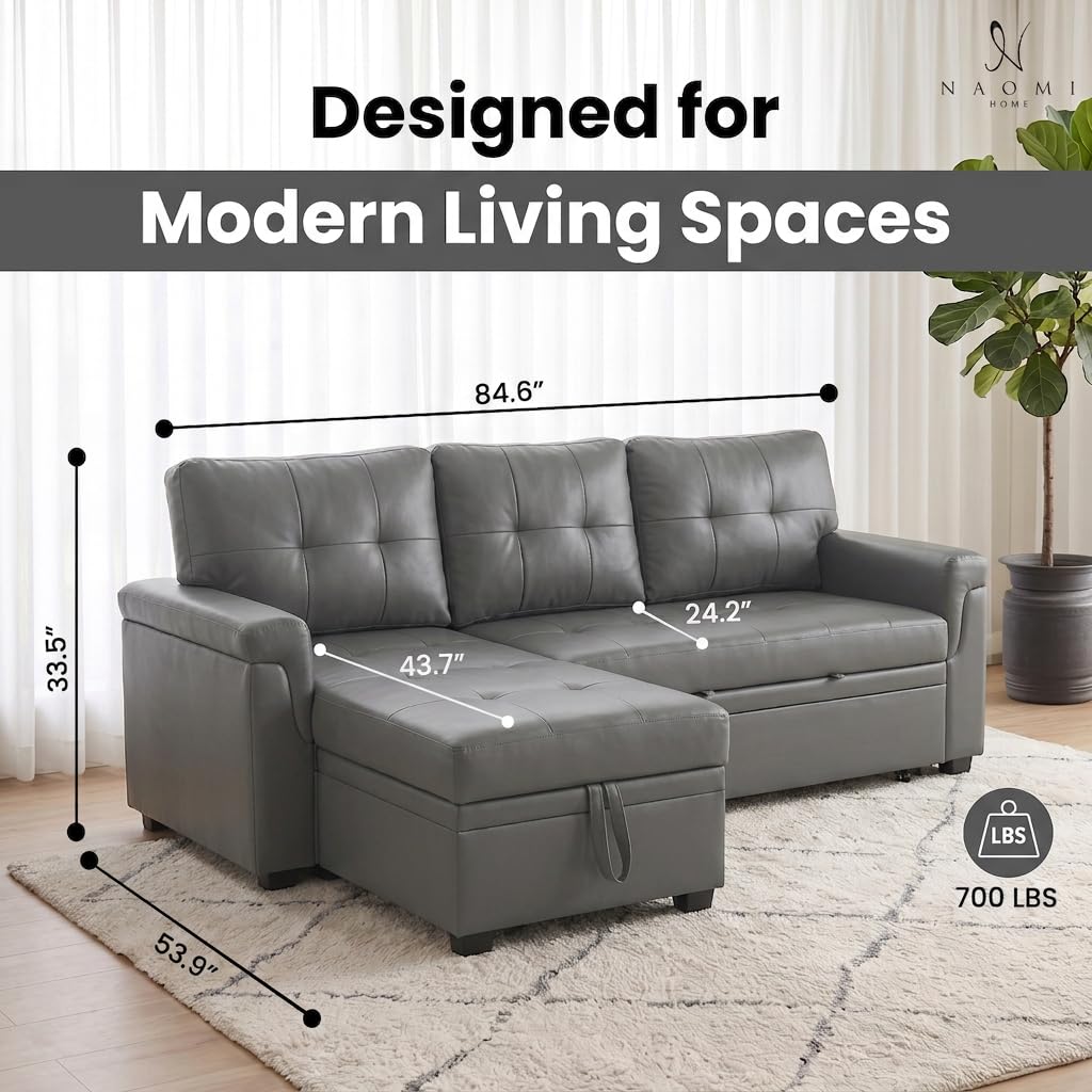 Laura 84" L-Shaped Sleeper Sectional Sofa with Storage Chaise - Gray / Air Leather