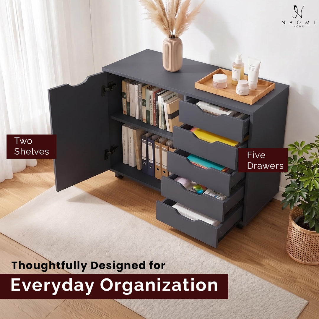 Amy 5-Drawer Storage Cabinet with 2 Shelves & Wheels - Black