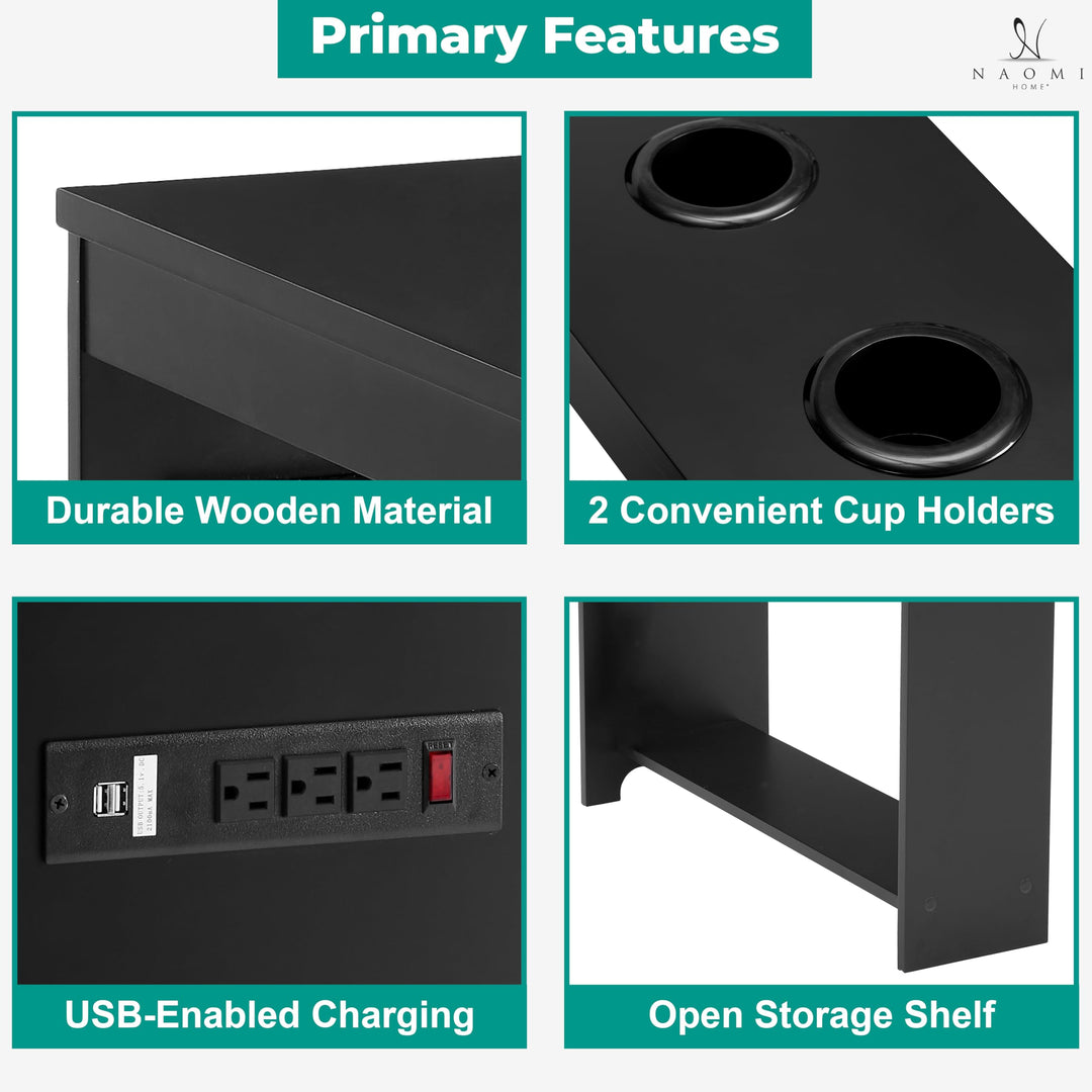 Jade Modern Nightstand - Charging Station with USB Ports & Outlets - Black