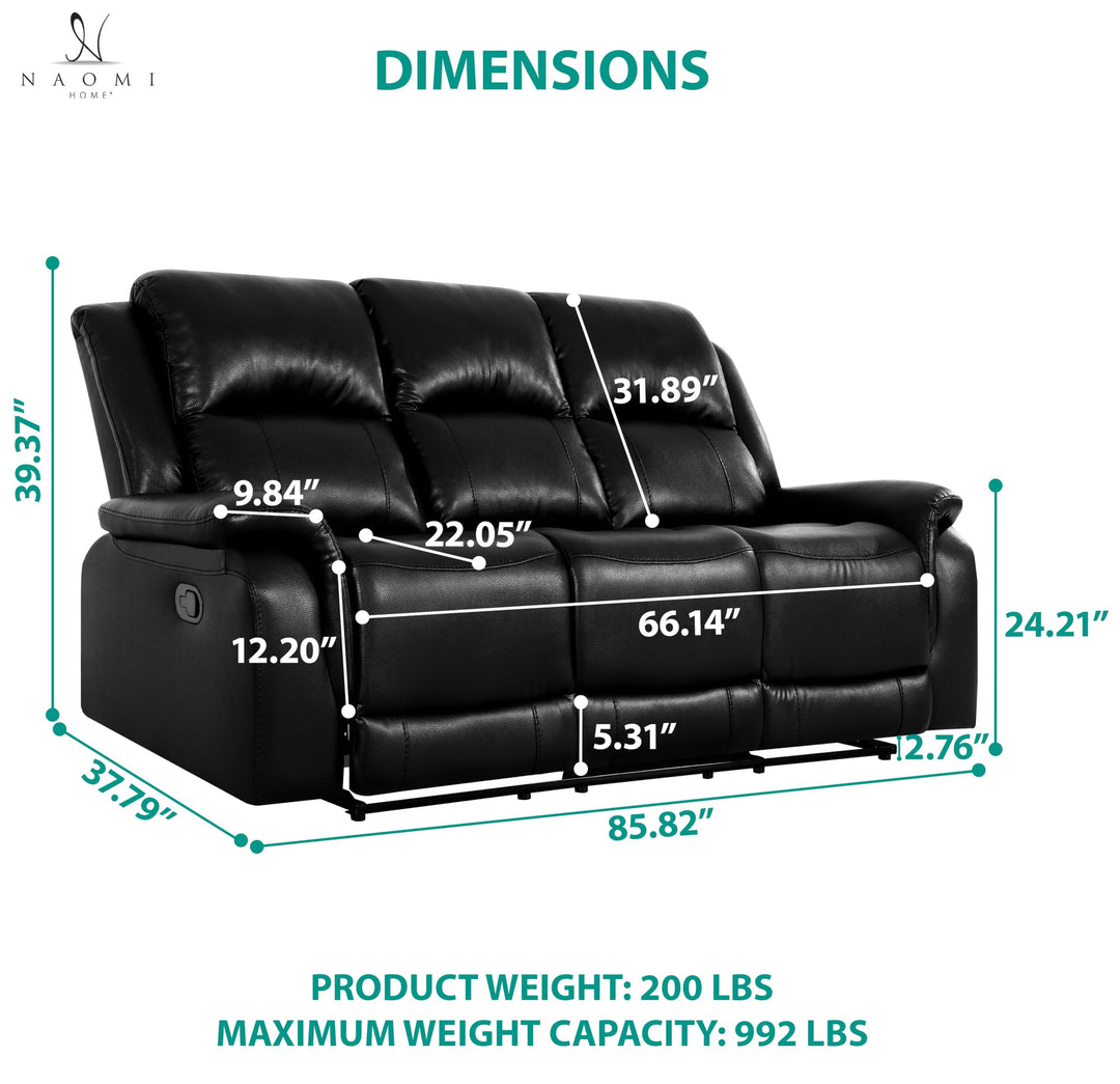 Katie Faux Leather 3-Seater Manual Recliner Sofa - Black