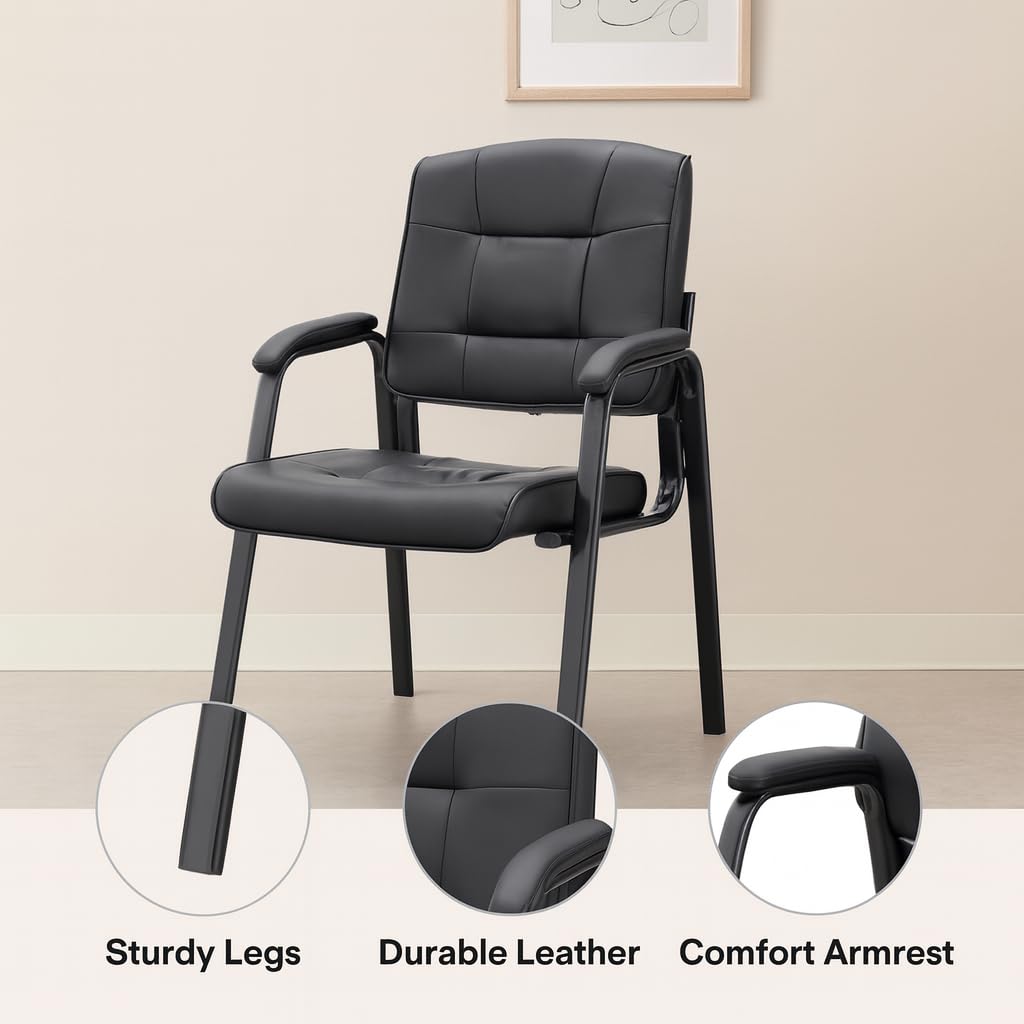 Mindy Reception Chair - Faux Leather Upholstery with Padded Arms - Black / Set of 2