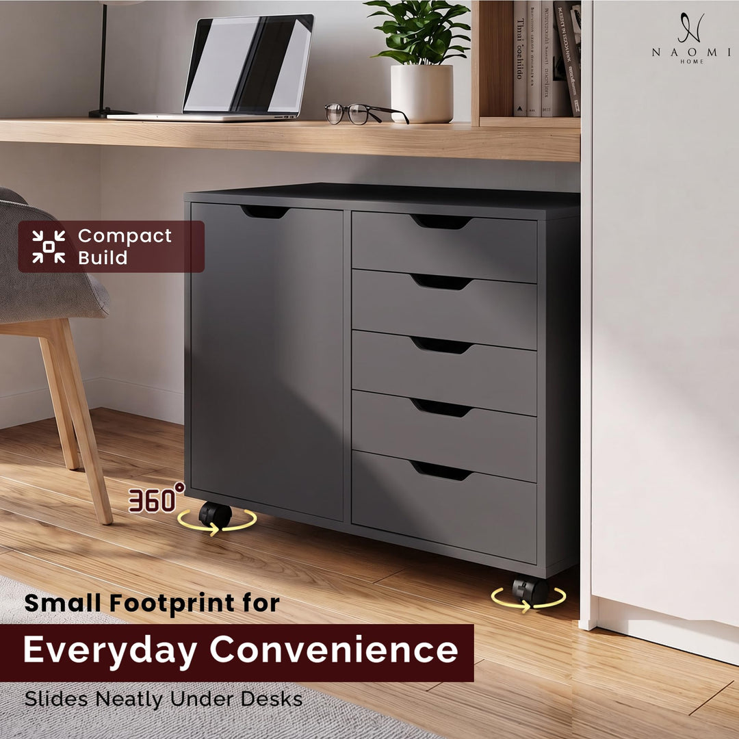 Amy 5-Drawer Storage Cabinet with 2 Shelves & Wheels - Black