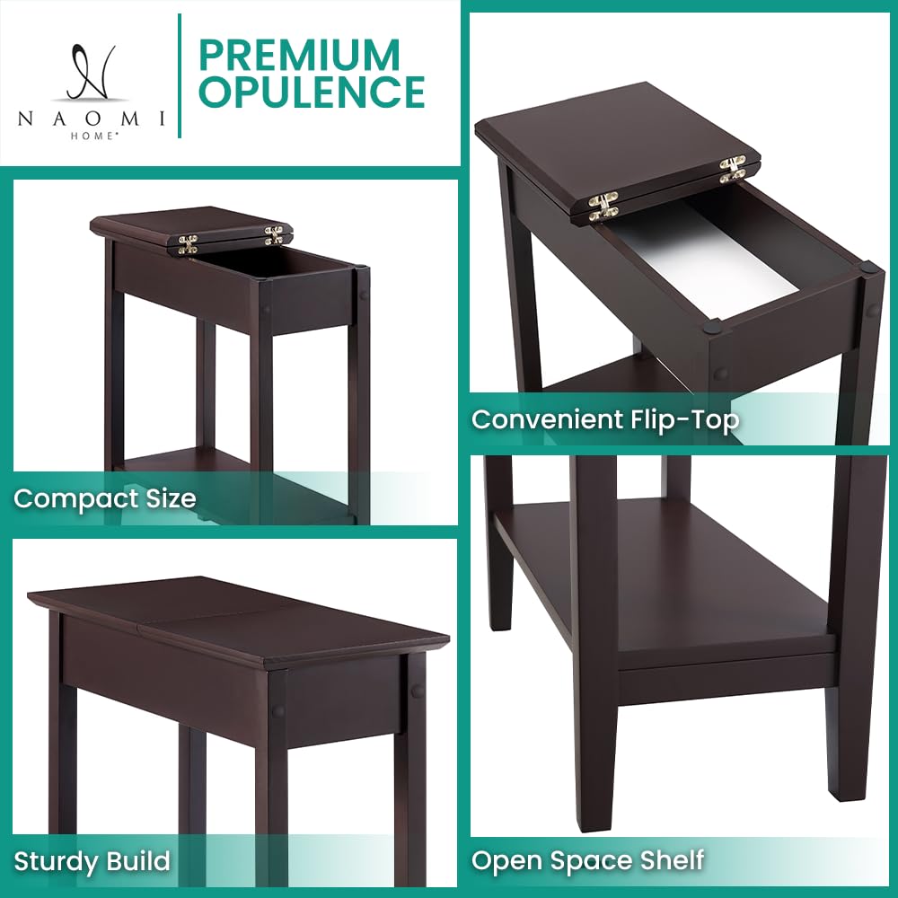 Roxy Flip Top Chairside Table - Hidden Storage with Drawer & Shelf - Espresso