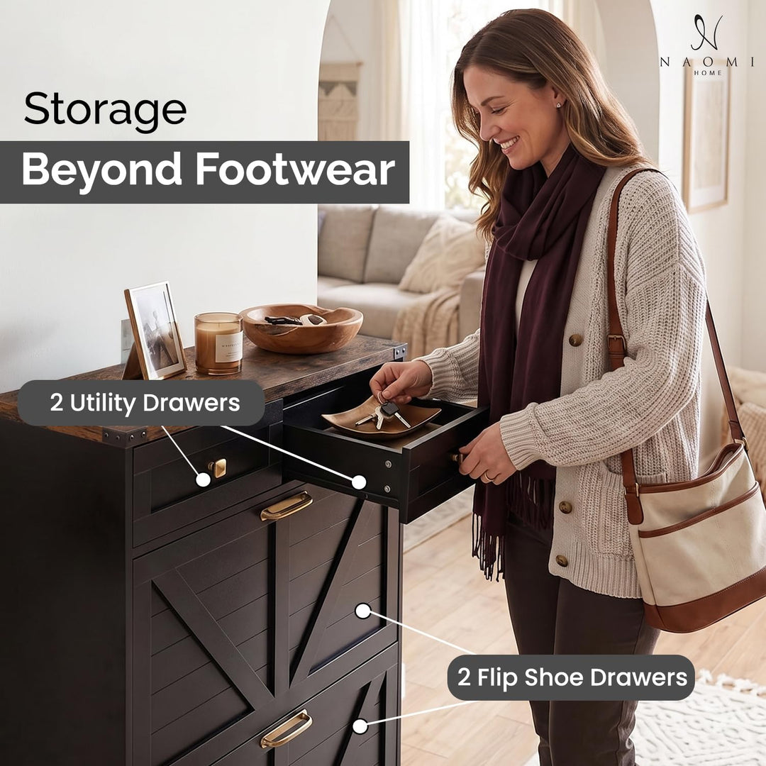 Berenice Farmhouse Shoe Cabinet with 2 Flip Drawers - Black