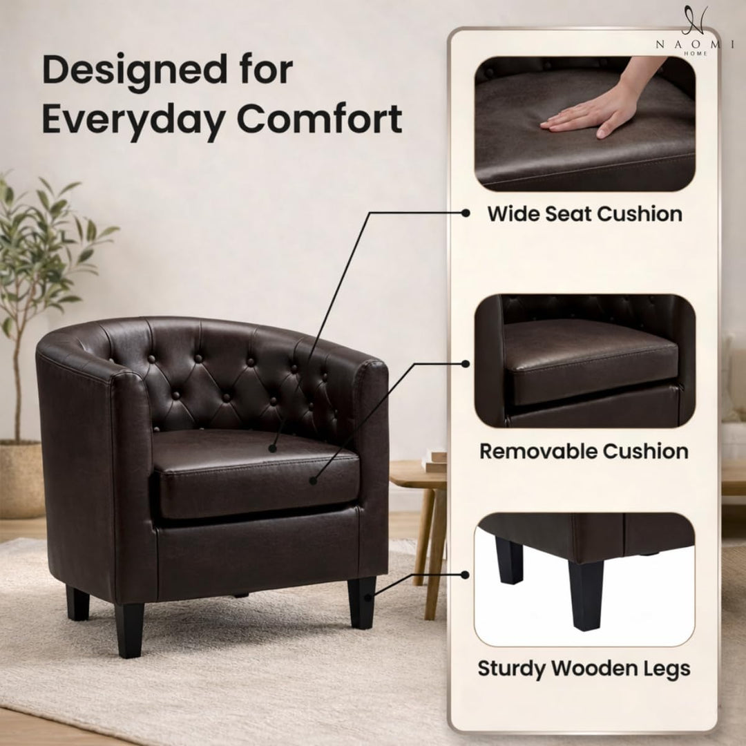 Emma Button-Tufted Faux Leather Barrel Accent Chair - Espresso