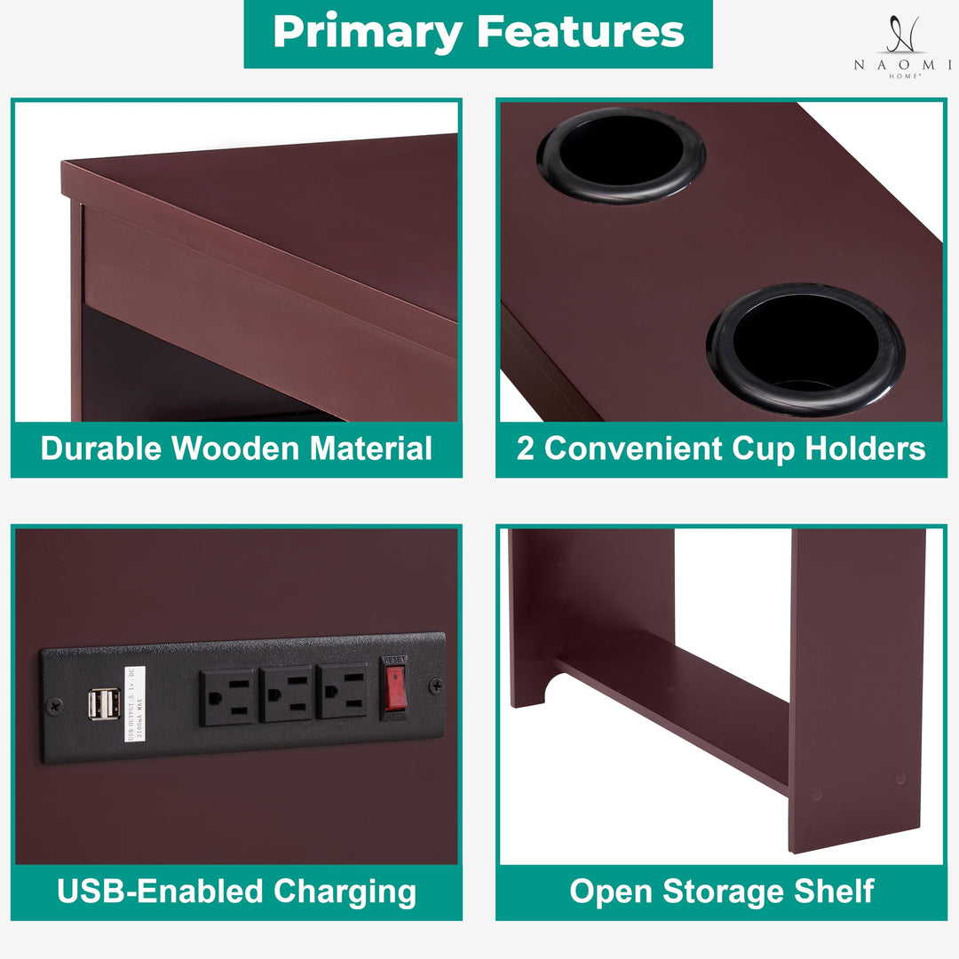 Jade Modern Nightstand - Charging Station with USB Ports & Outlets - Cherry