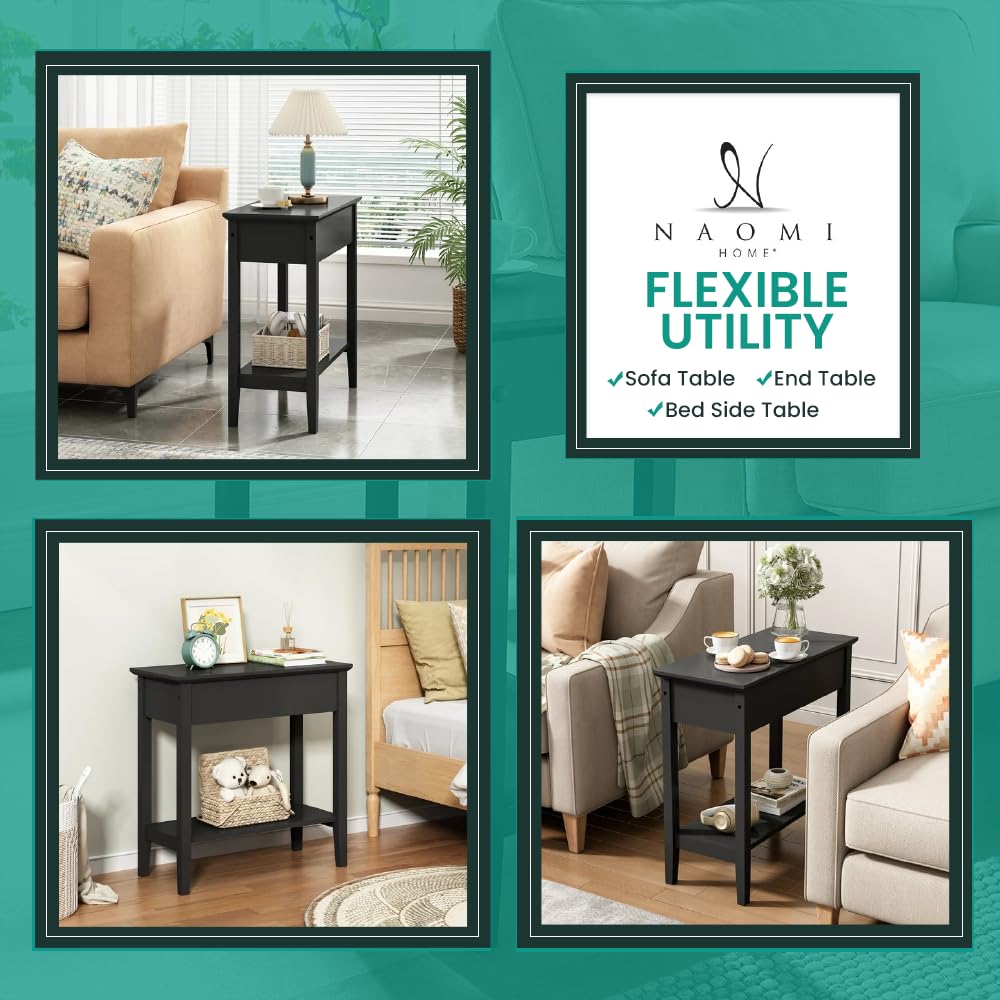 Roxy Flip Top Chairside Table - Hidden Storage with Drawer & Shelf - Black