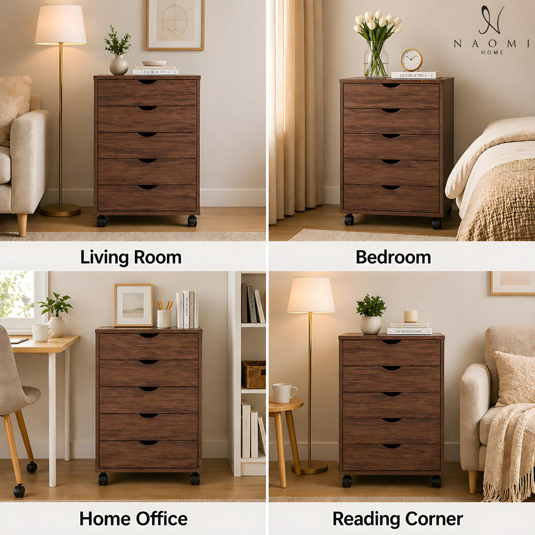 Taylor 5-Drawer Storage Cabinet with Wheels & Tabletop - Brown Oak