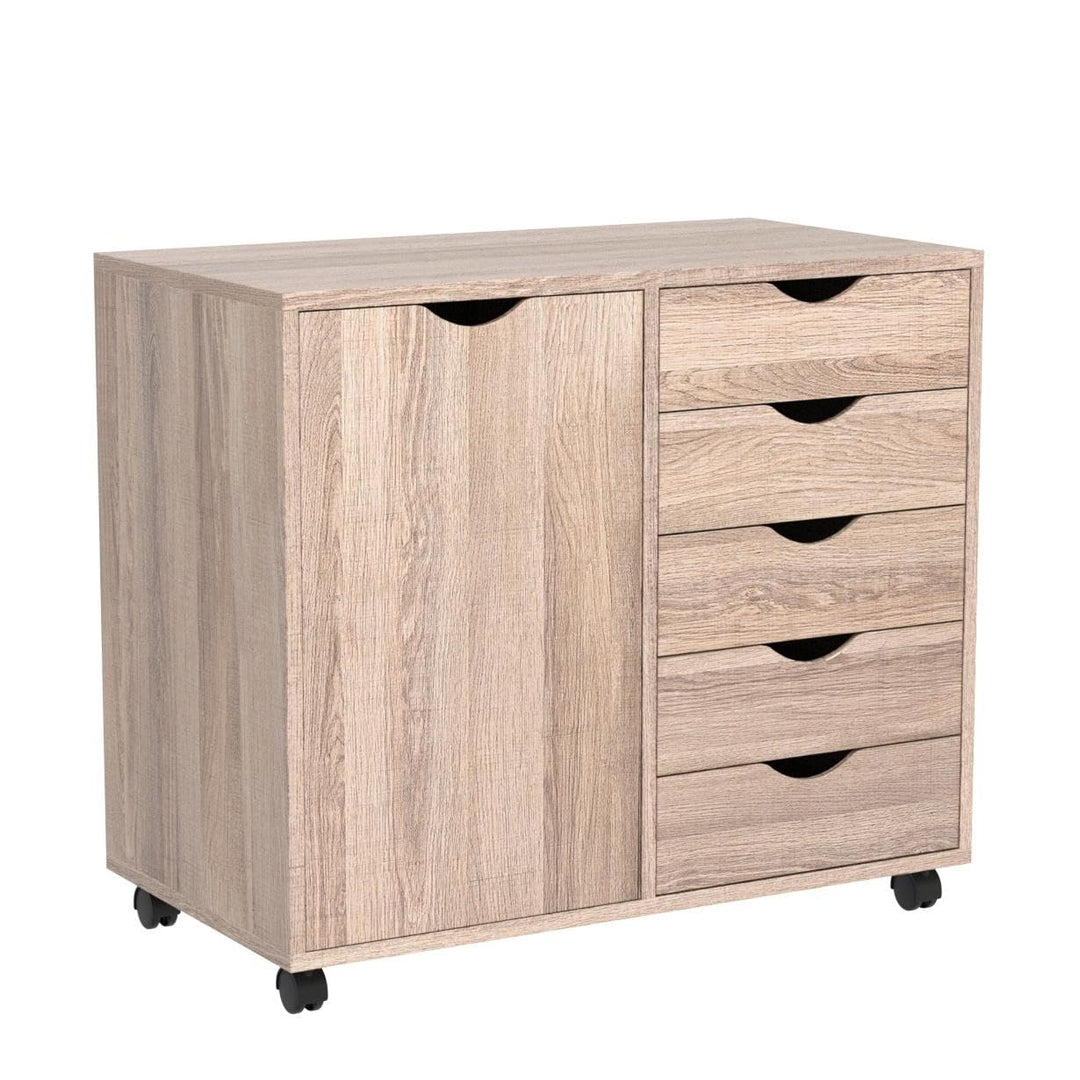 Amy 5-Drawer Storage Cabinet with 2 Shelves & Wheels - Natural