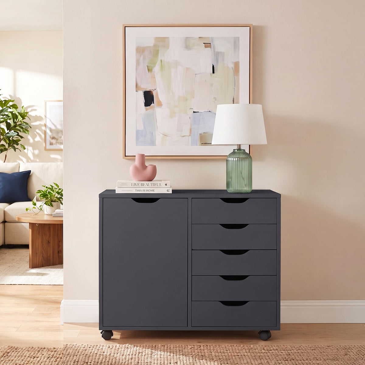 Amy 5 drawer storage cabinet with 2 shelves & wheels   black