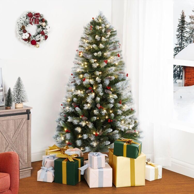 Vancouver Spruce Frosted Pre-Lit Christmas Tree with Pine Cones Berries - 4.5 ft