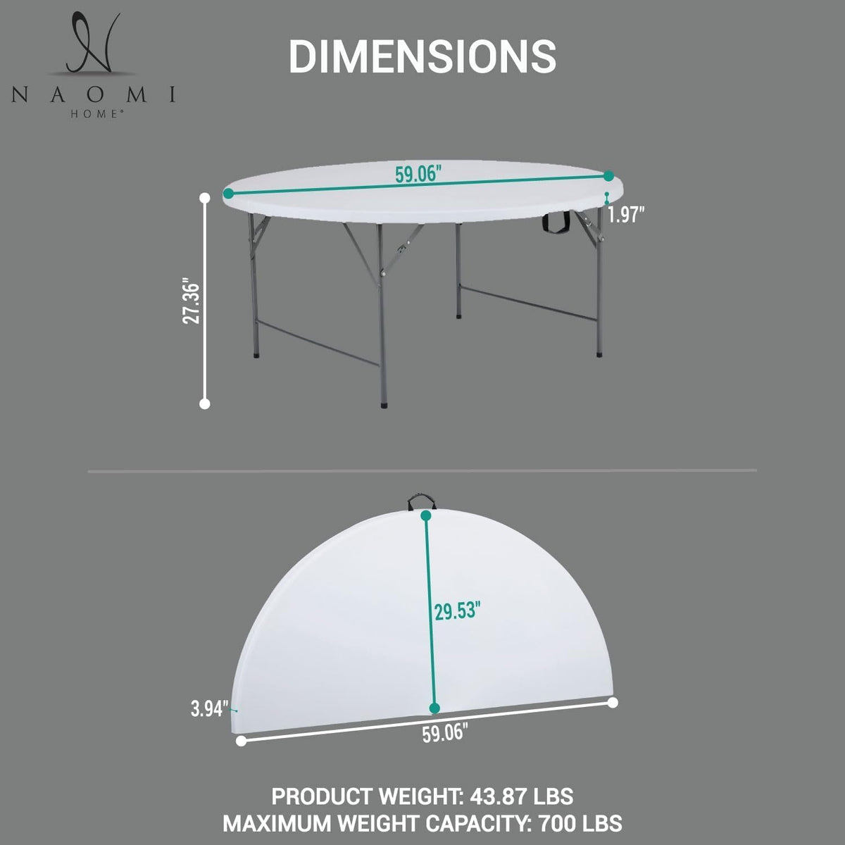 5 ft bi fold round resin folding table with steel frame   set of 2