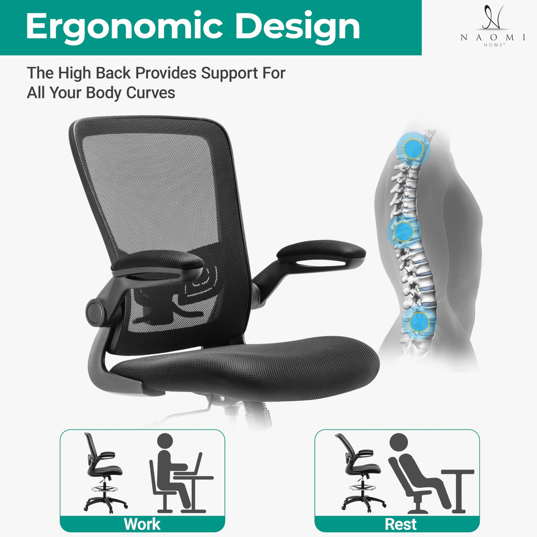 Serena Mesh Drafting Chair with Adjustable Foot Ring - Black