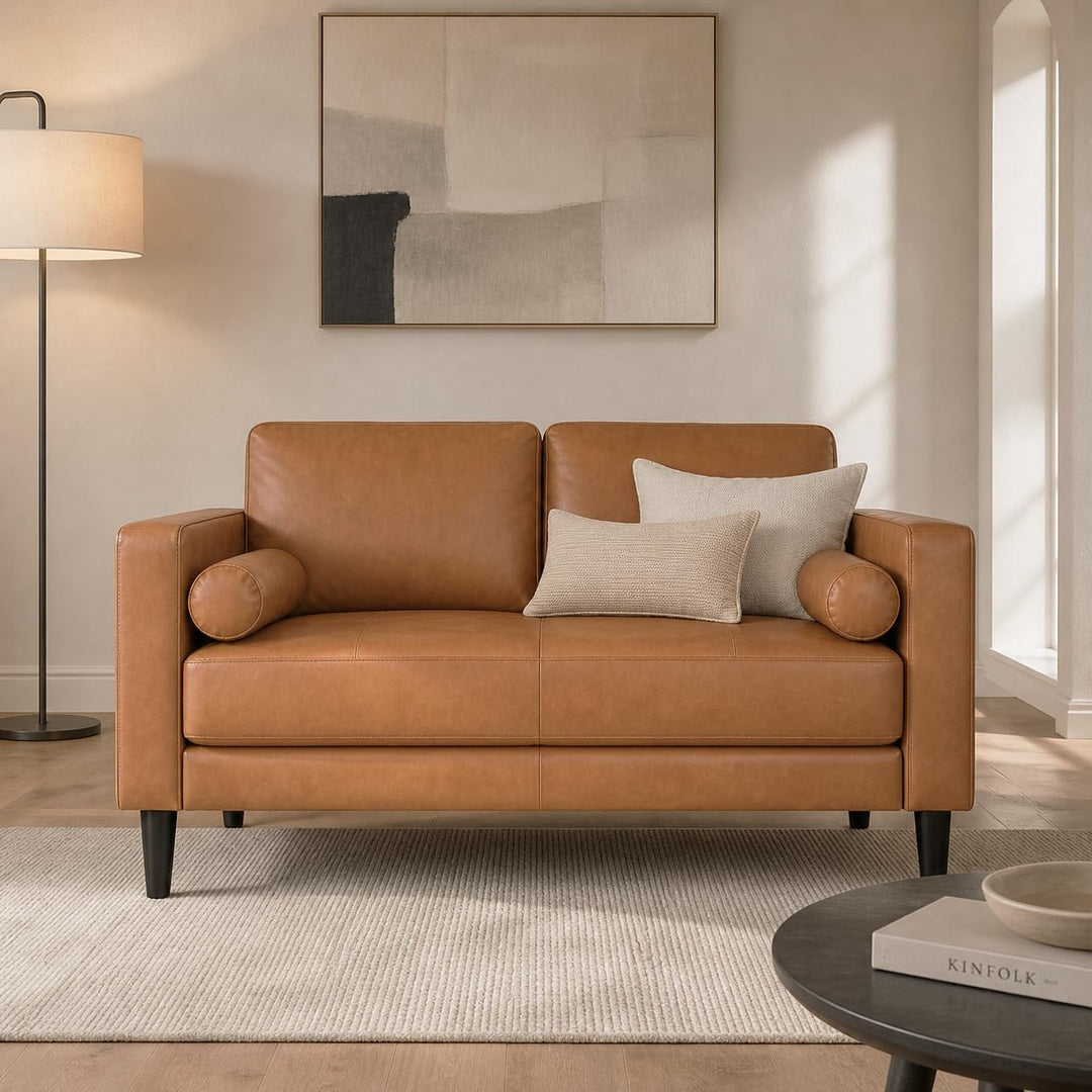 Marisa Genuine Leather Mid-Century Loveseat with Bolster Pillows