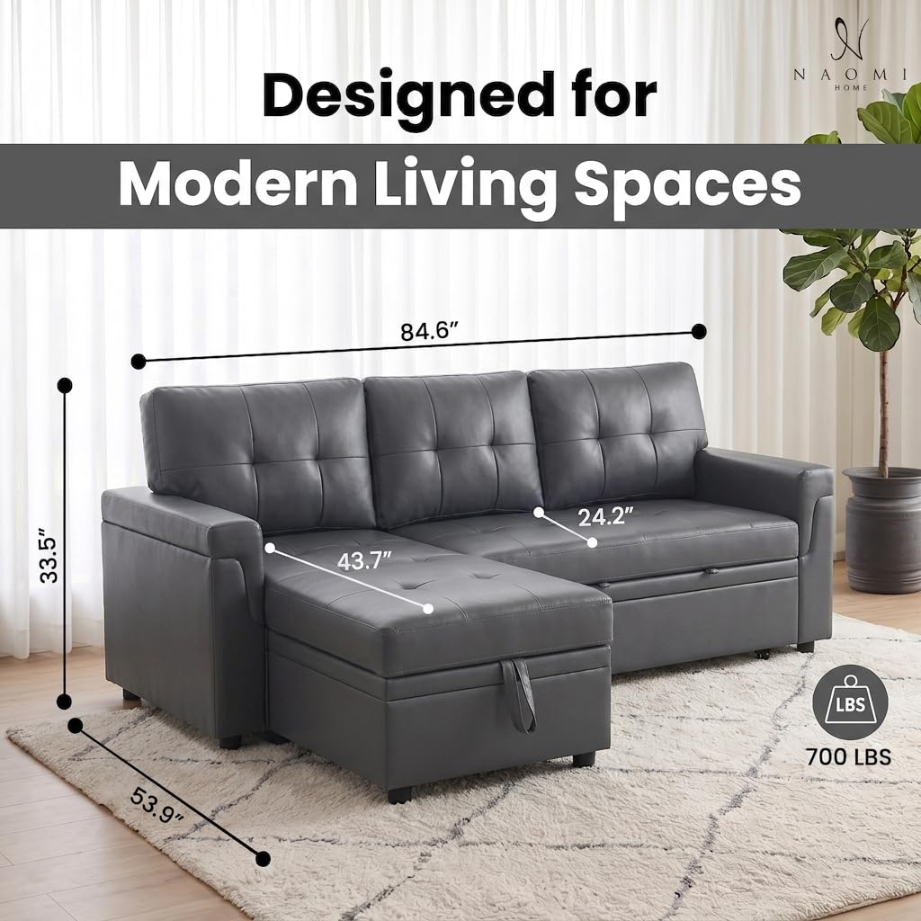 Laura 84" L-Shaped Sleeper Sectional Sofa with Storage Chaise - Dark Gray / Air Leather