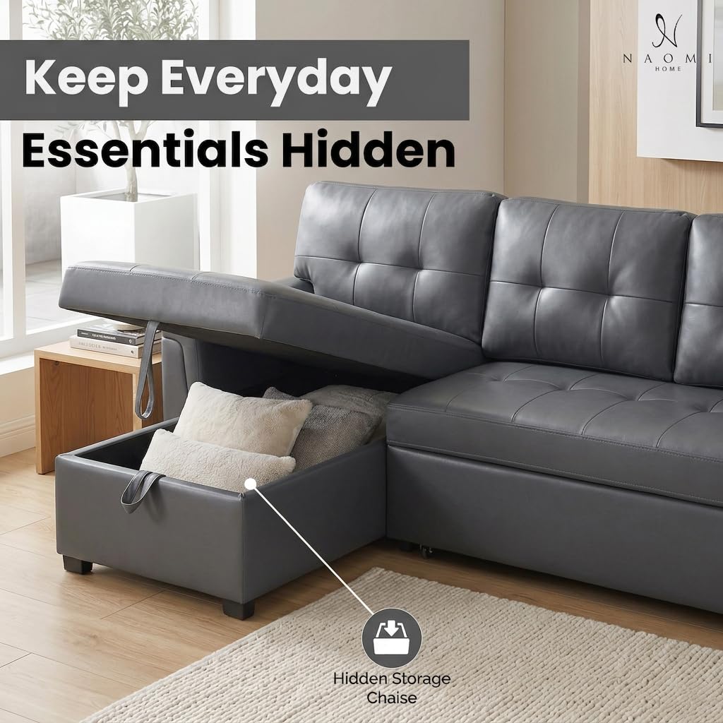 Laura 84" L-Shaped Sleeper Sectional Sofa with Storage Chaise - Dark Gray / Air Leather