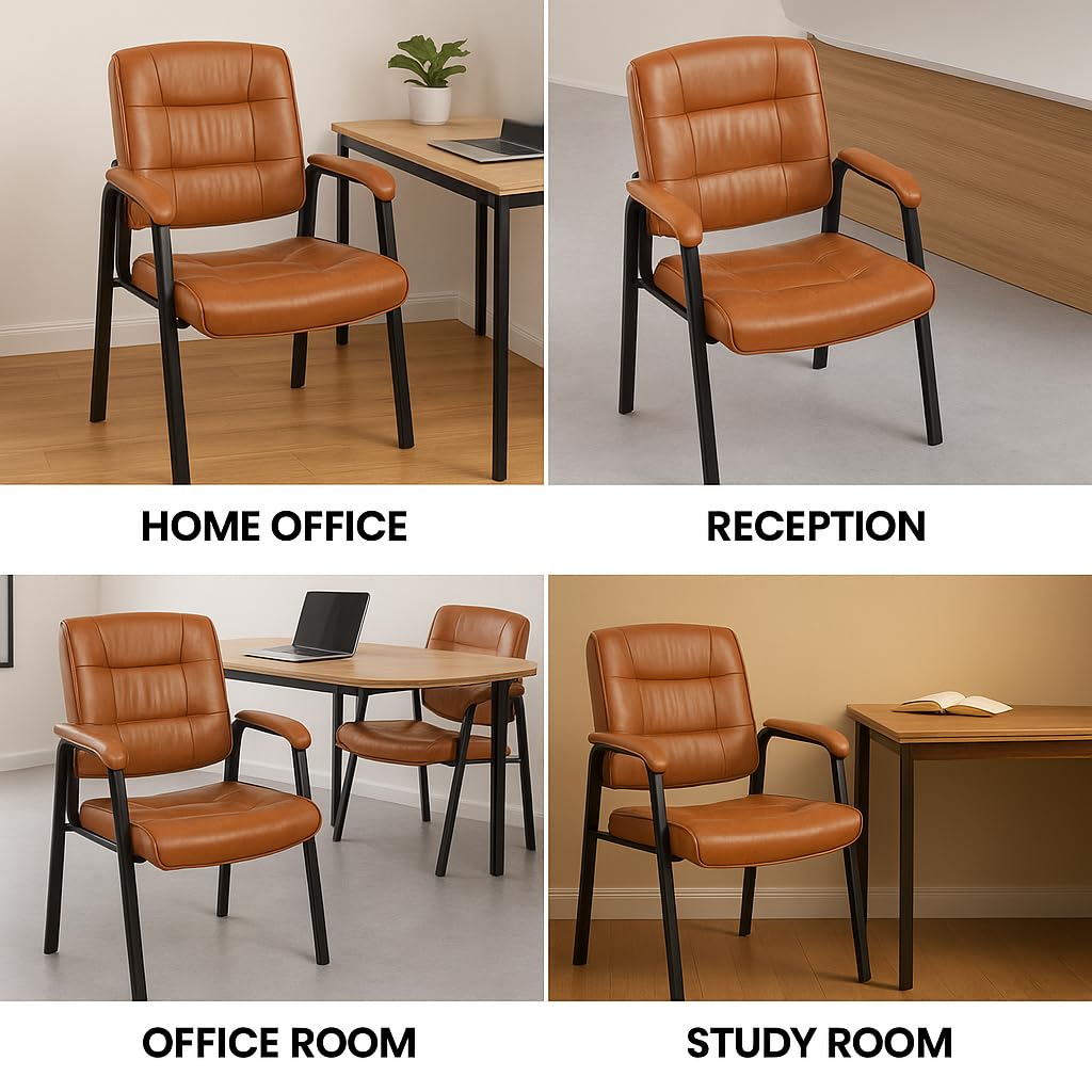 Mindy Reception Chair - Faux Leather Upholstery with Padded Arms - Caramel / Set of 2
