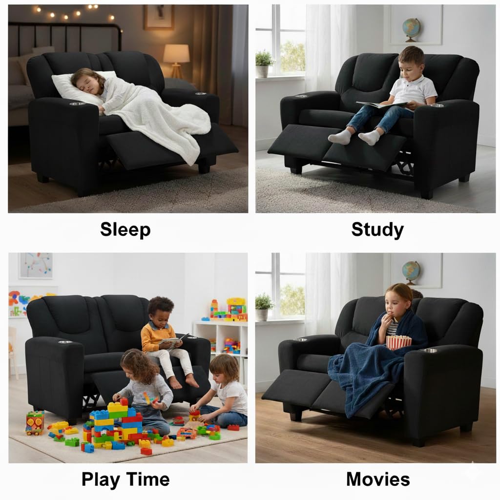 Suri Kids Recliner Loveseat with Dual Cup Holders - Black / Pvc