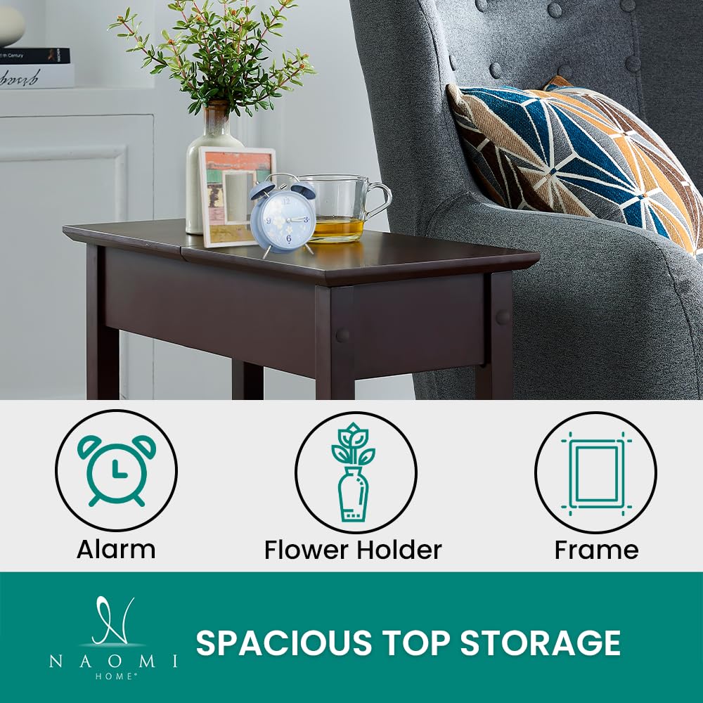 Roxy Flip Top Chairside Table - Hidden Storage with Drawer & Shelf - Espresso