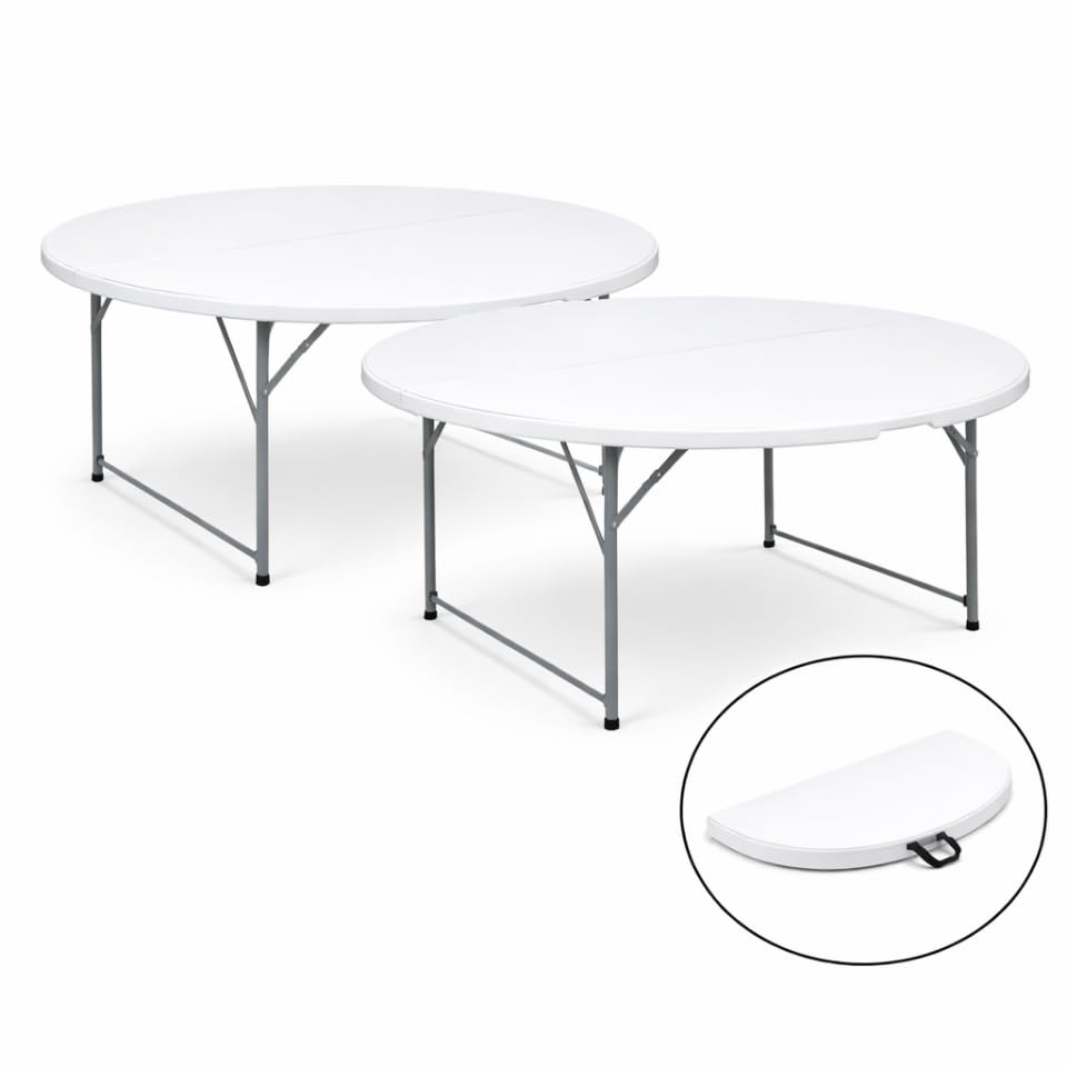 5 ft bi fold round resin folding table with steel frame   set of 2