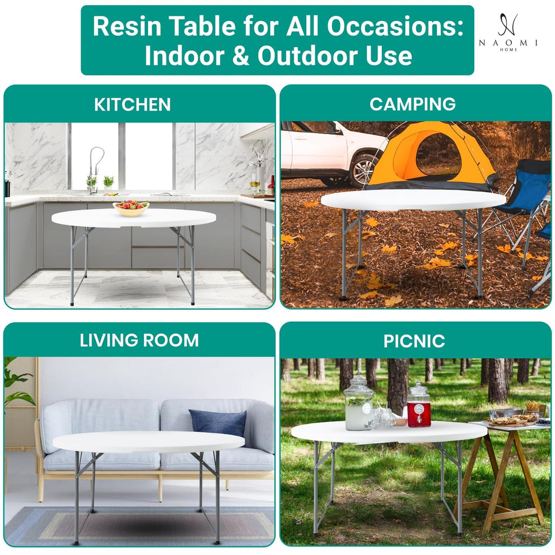 5 Ft Round Bi-Fold Resin Folding Table with Carrying Handle