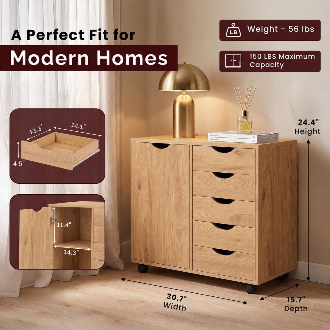 Amy 5-Drawer Storage Cabinet with 2 Shelves & Wheels - Natural