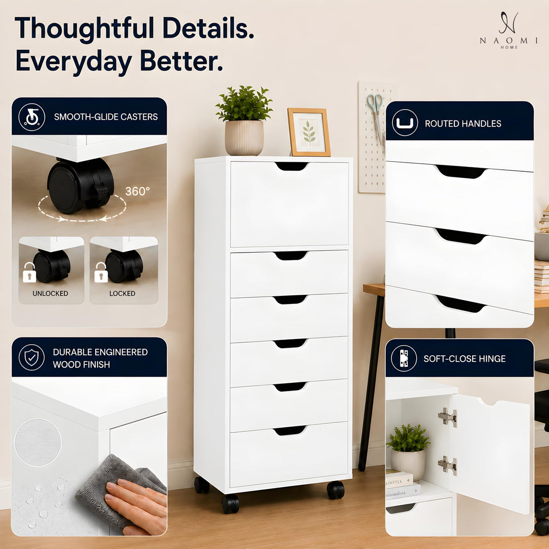 Carly 6-Drawer Storage Cabinet with Wheels - White