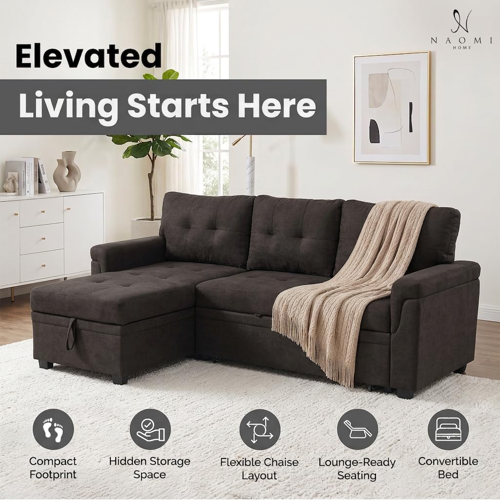 Laura 84" L-Shaped Sleeper Sectional Sofa with Storage Chaise - Espresso / Velvet