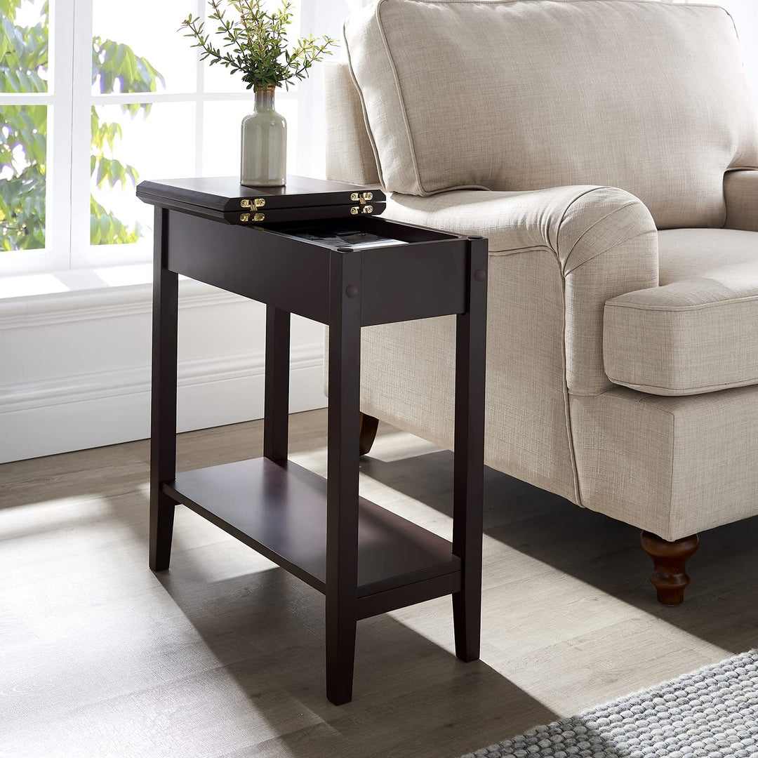 Roxy Flip Top Chairside Table - Hidden Storage with Drawer & Shelf - Espresso