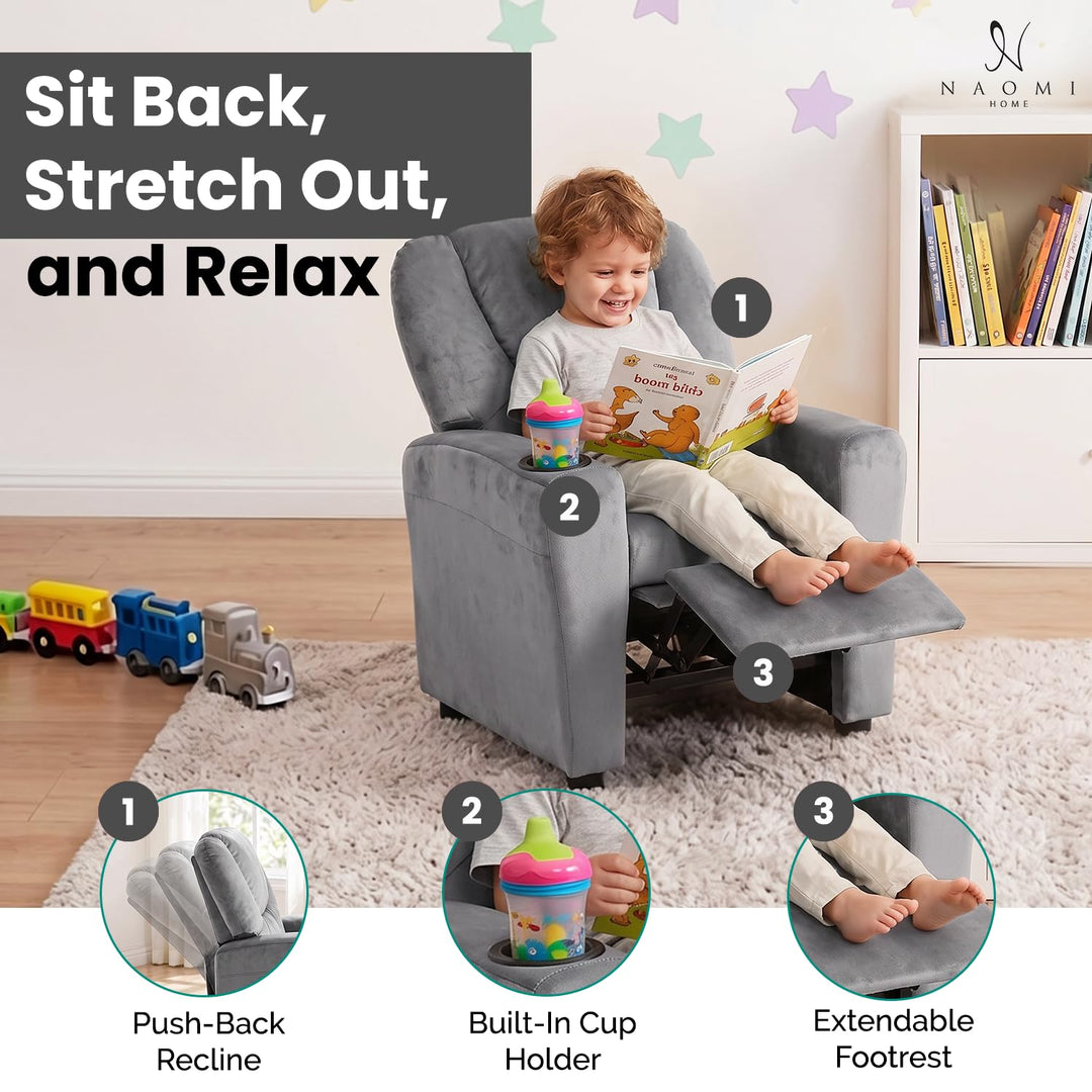 Suri Push Back Kids Recliner with Footrest & Cup Holders - Gray / Microfiber