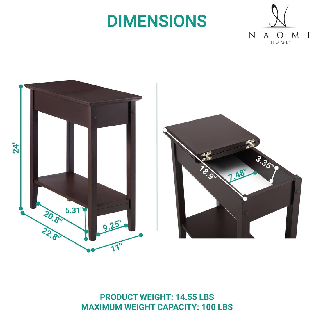 Roxy Flip Top Chairside Table - Hidden Storage with Drawer & Shelf - Espresso