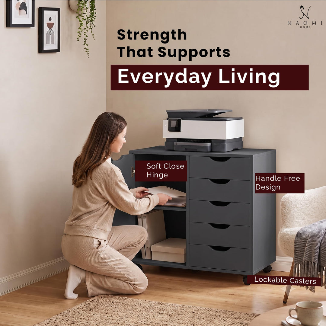 Amy 5-Drawer Storage Cabinet with 2 Shelves & Wheels - Black