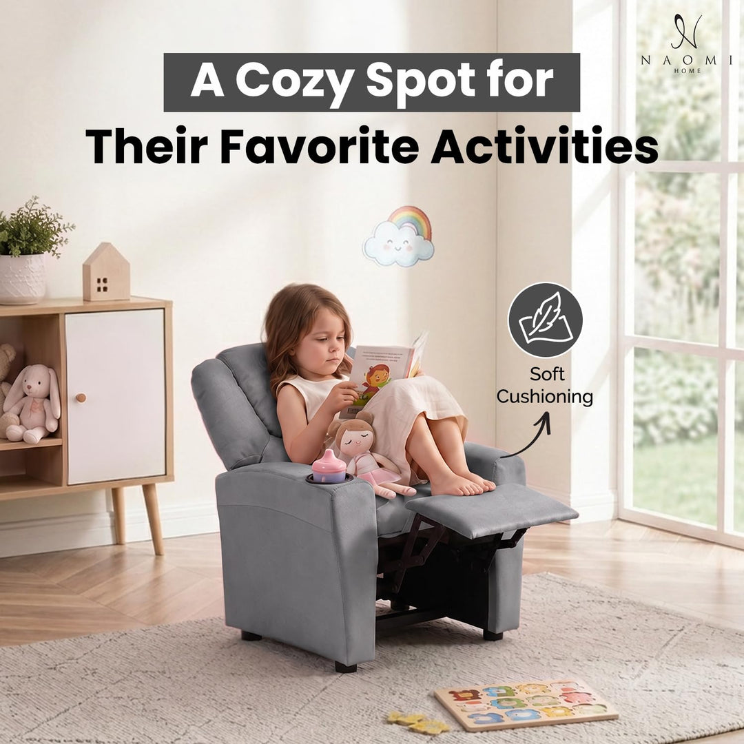 Suri Push Back Kids Recliner with Footrest & Cup Holders - Gray / Microfiber