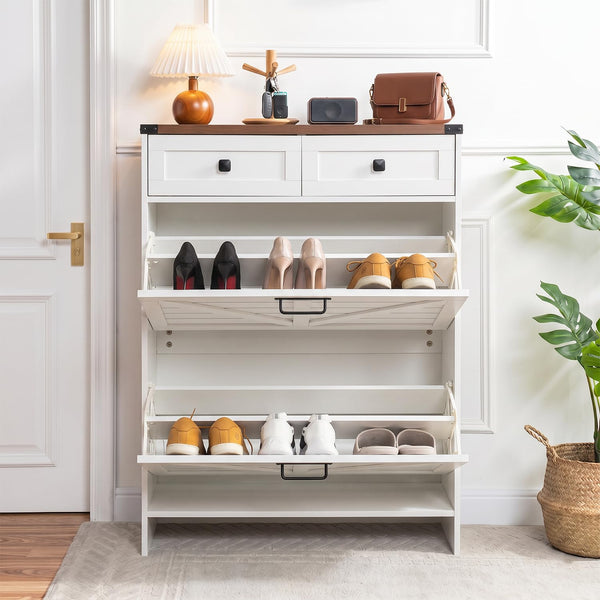 Berenice Farmhouse Shoe Cabinet with 2 Flip Drawers - White