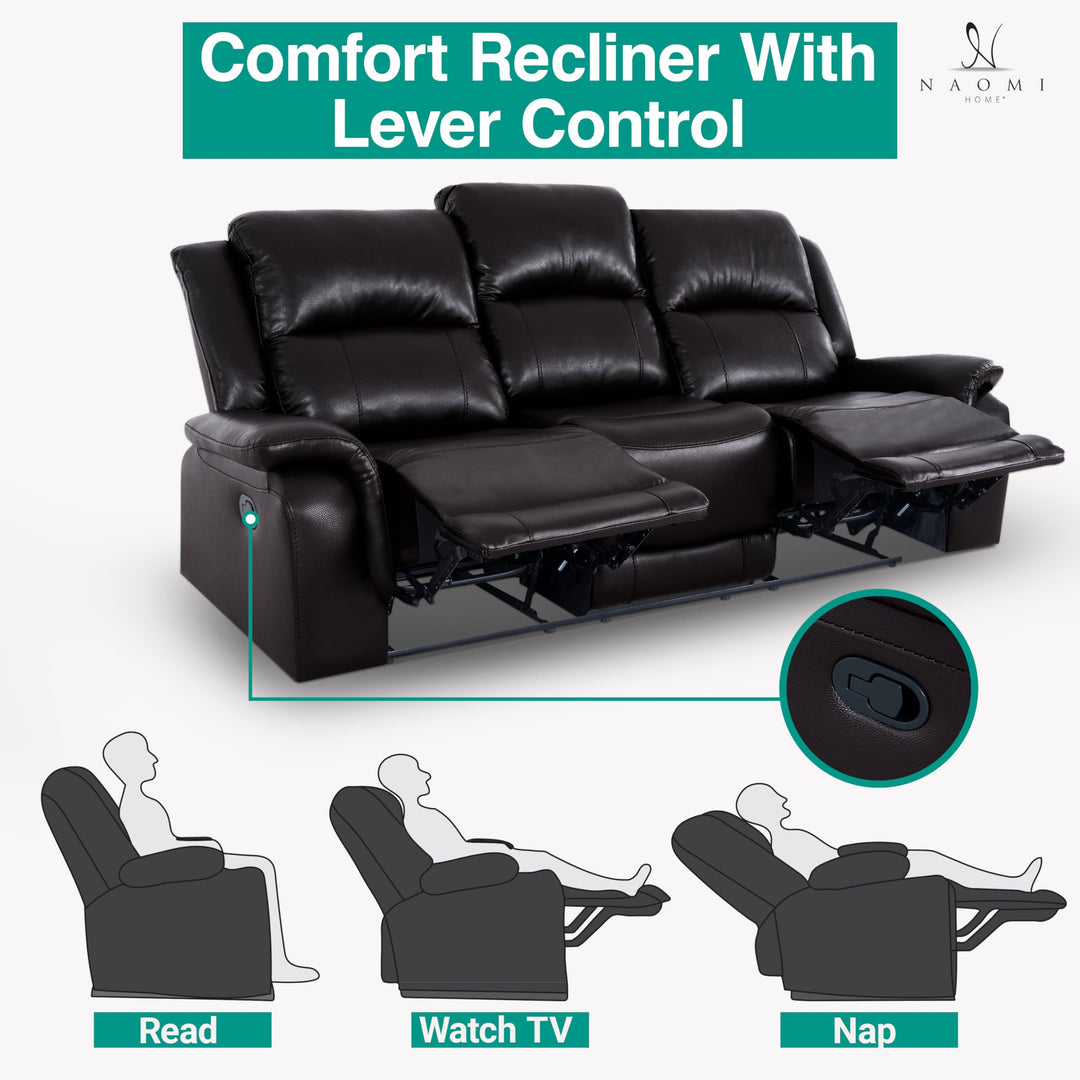 Katie Faux Leather 3-Seater Manual Recliner Sofa - Espresso