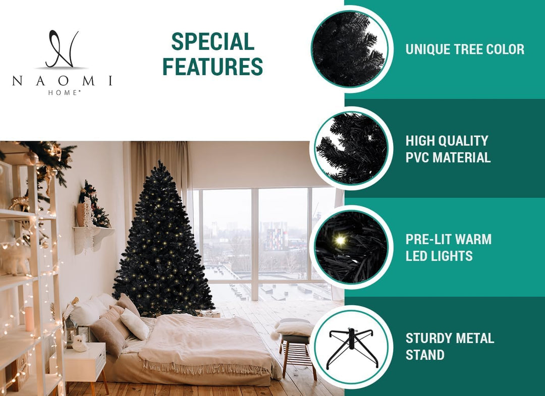 Dakota Black Pre-Lit Christmas Tree with Warm Lights - 7.5 ft