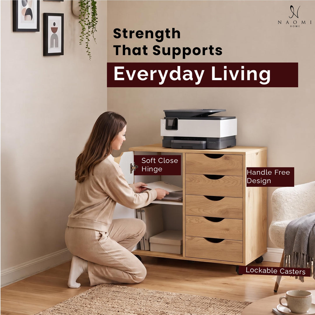 Amy 5-Drawer Storage Cabinet with 2 Shelves & Wheels - Natural