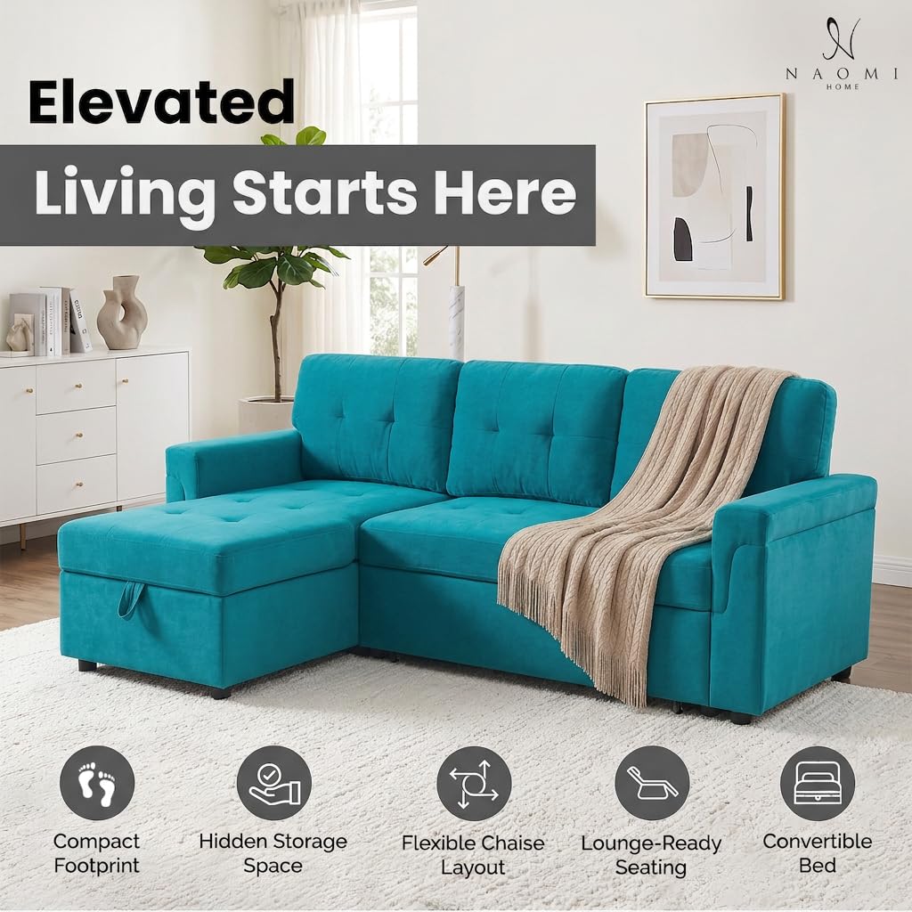 Laura 84" L-Shaped Sleeper Sectional Sofa with Storage Chaise - Teal / Velvet