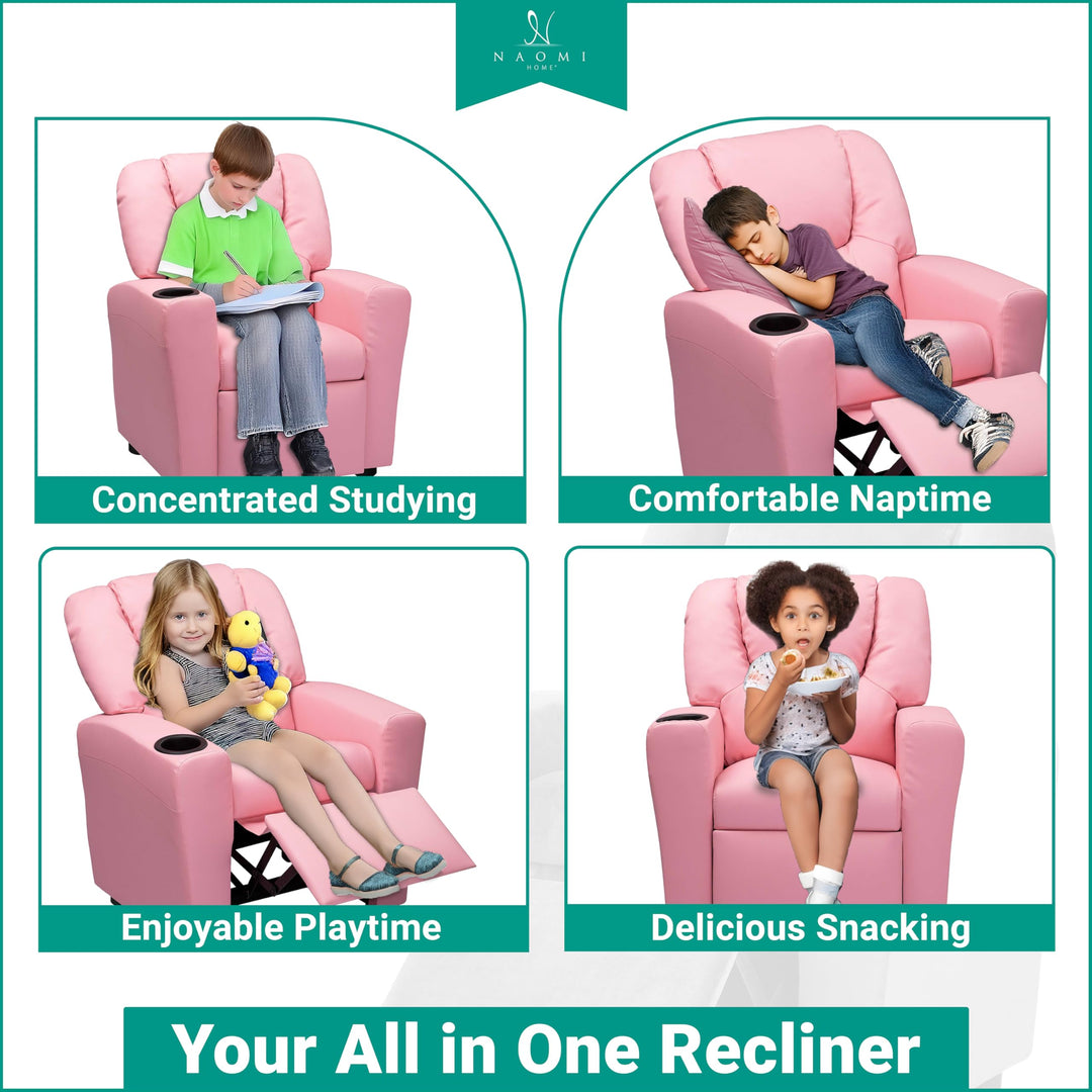 Suri Push Back Kids Recliner with Footrest & Cup Holders - Pink / Pvc