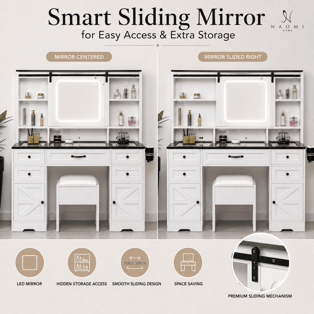 Vanya Makeup Vanity with Sliding LED Mirror & Charging – White